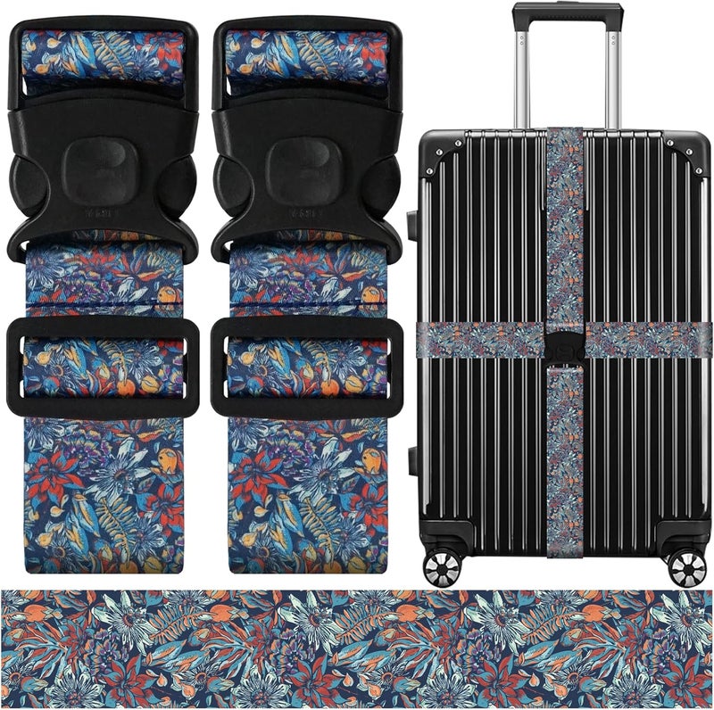 ZHOMA Luggage Straps for Suitcases, Travel Adjustable Belt with Quick Release Buckle, Heavy Duty Nylon Bag Packing Strap, Unique Bright Identifiers Business Travel Accessories (2 Pack) - Blue Flowers - Image 1
